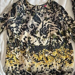 Worthington Black, Cream & Yellow Abstract Print Scoop Neck Tunic